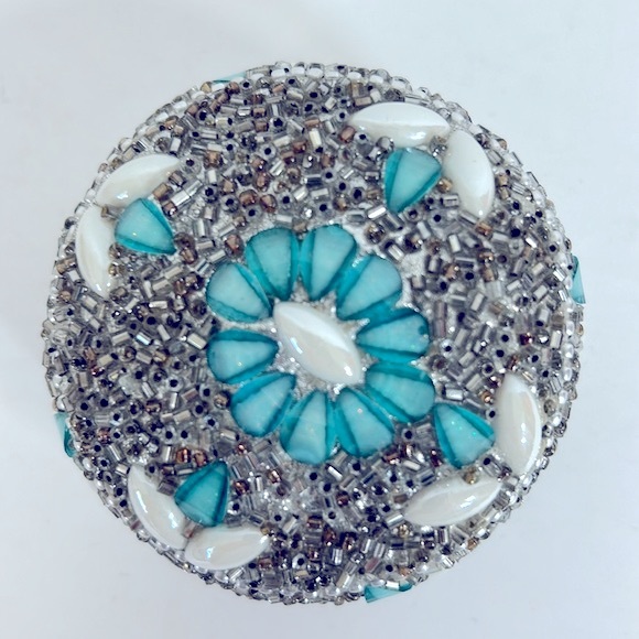 Handmade Bedazzled Silver Beaded Round Dome Trinket Box Jewelry Storage Case - Picture 3 of 10